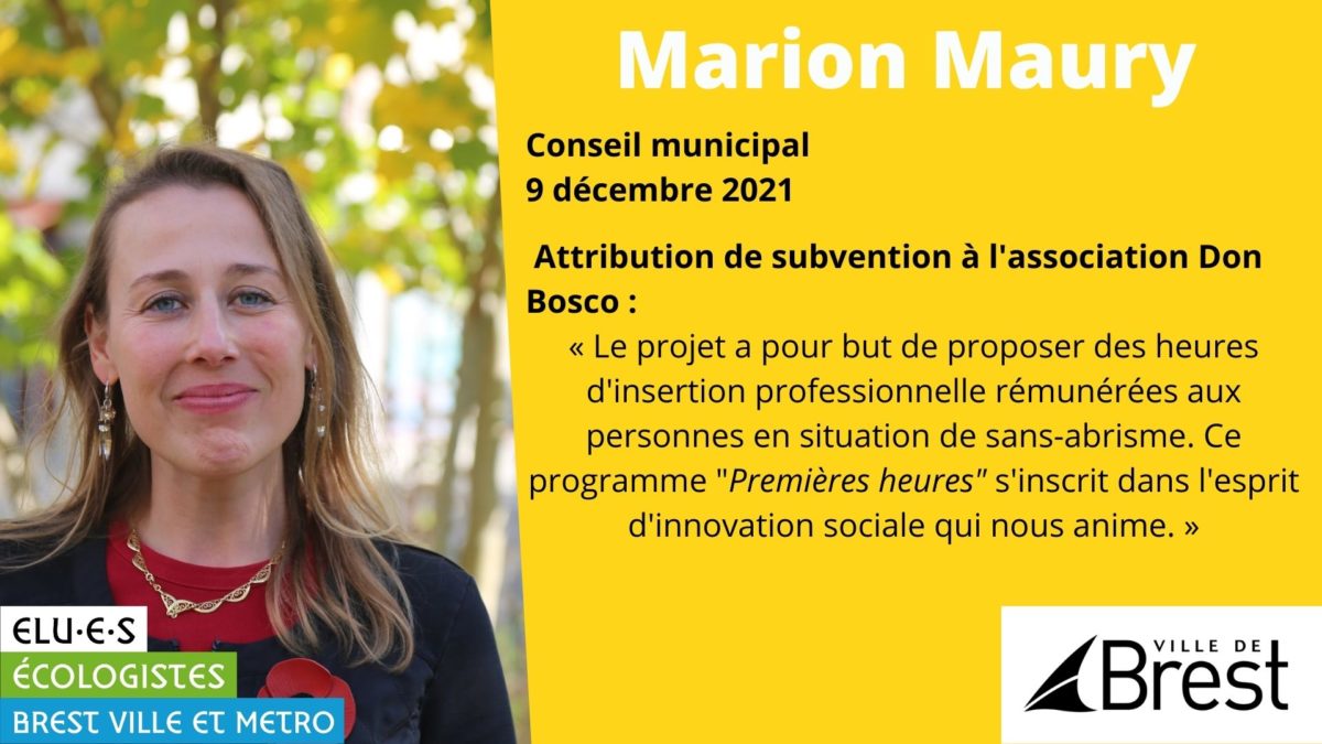 Intervention de Marion Maury, adjointe à l'action sociale et élue écologiste, pour l'attribution de subvention à l'association Don Bosco