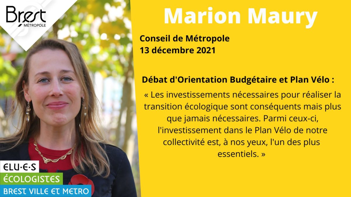 Intervention de Marion Maury, élue écologiste, sur le débat d'orientations budgétaires 2022, le Plan Vélo de Brest Métropole et la taxe sur les logements vacants