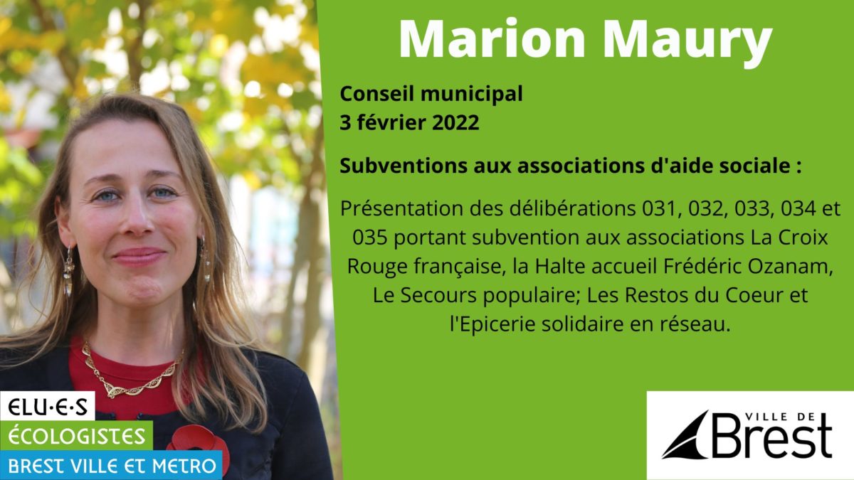 Présentation par Marion Maury des subventions attribuées aux associations d'aide sociale lors du Conseil municipal de Brest du 3 février 2022.
