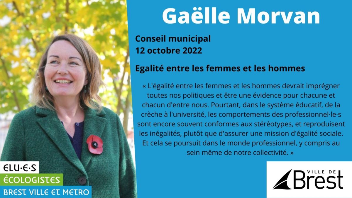 Gaëlle Morvan, élue écologiste, a réagi à la présentation du rapport sur l'égalité femmes hommes de Brest, appelant la collectivité à aller plus loin sur ce sujet.